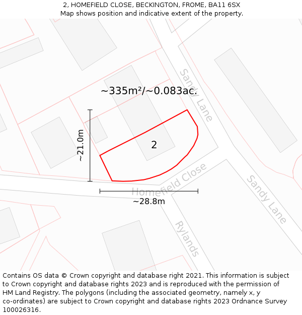 2, HOMEFIELD CLOSE, BECKINGTON, FROME, BA11 6SX: Plot and title map