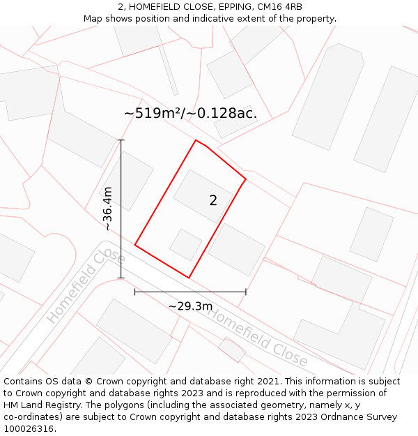 2, HOMEFIELD CLOSE, EPPING, CM16 4RB: Plot and title map