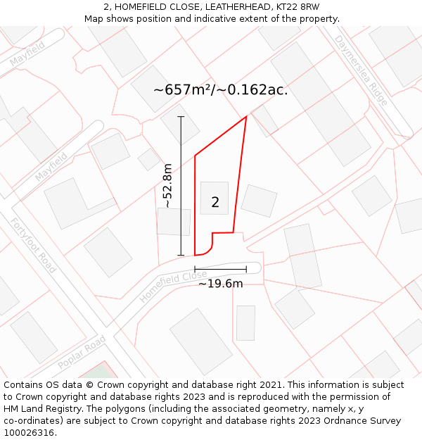 2, HOMEFIELD CLOSE, LEATHERHEAD, KT22 8RW: Plot and title map