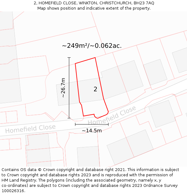 2, HOMEFIELD CLOSE, WINKTON, CHRISTCHURCH, BH23 7AQ: Plot and title map