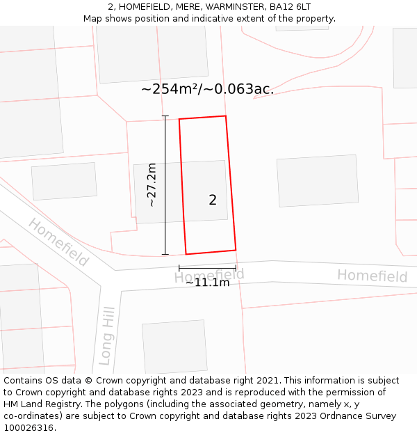 2, HOMEFIELD, MERE, WARMINSTER, BA12 6LT: Plot and title map