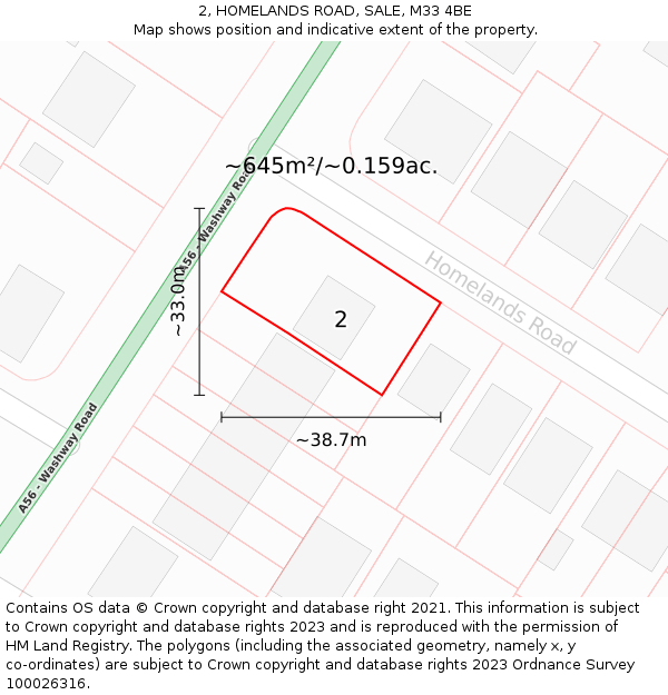 2, HOMELANDS ROAD, SALE, M33 4BE: Plot and title map