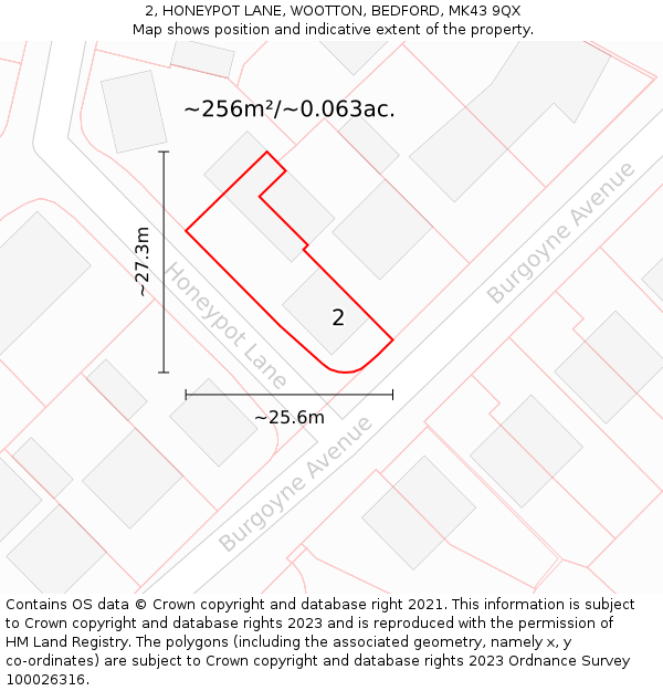 2, HONEYPOT LANE, WOOTTON, BEDFORD, MK43 9QX: Plot and title map