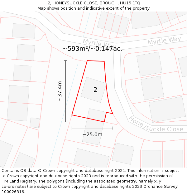 2, HONEYSUCKLE CLOSE, BROUGH, HU15 1TQ: Plot and title map