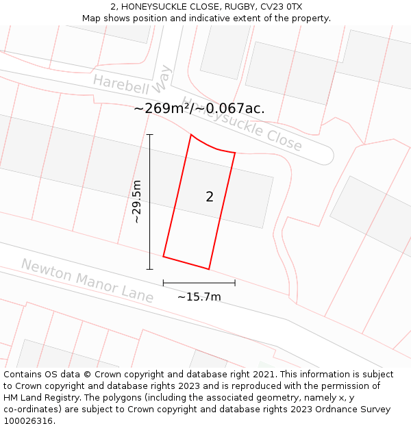 2, HONEYSUCKLE CLOSE, RUGBY, CV23 0TX: Plot and title map
