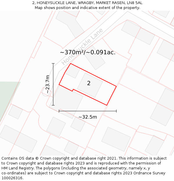 2, HONEYSUCKLE LANE, WRAGBY, MARKET RASEN, LN8 5AL: Plot and title map