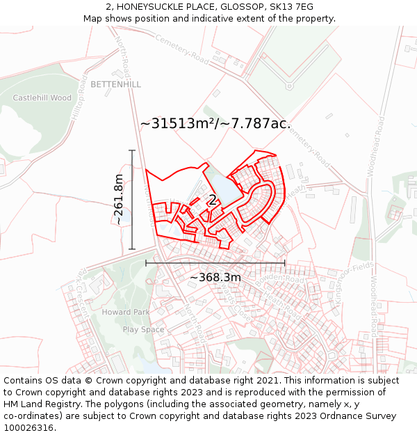 2, HONEYSUCKLE PLACE, GLOSSOP, SK13 7EG: Plot and title map