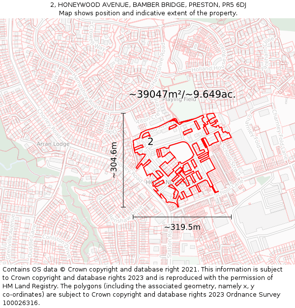 2, HONEYWOOD AVENUE, BAMBER BRIDGE, PRESTON, PR5 6DJ: Plot and title map