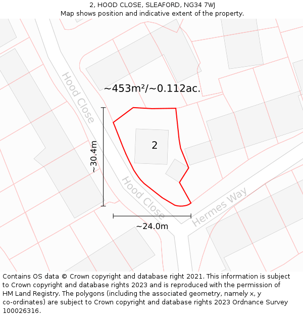 2, HOOD CLOSE, SLEAFORD, NG34 7WJ: Plot and title map