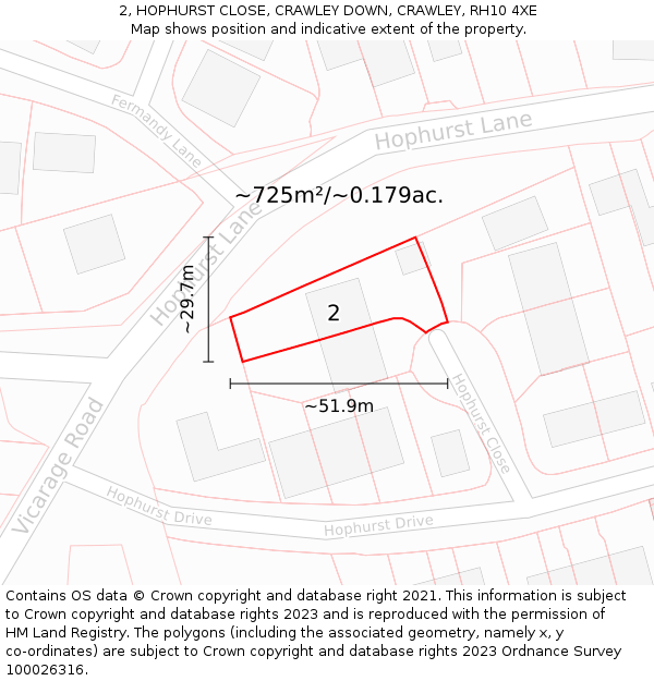 2, HOPHURST CLOSE, CRAWLEY DOWN, CRAWLEY, RH10 4XE: Plot and title map