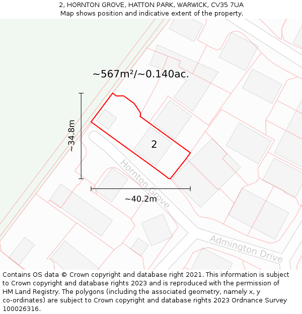 2, HORNTON GROVE, HATTON PARK, WARWICK, CV35 7UA: Plot and title map