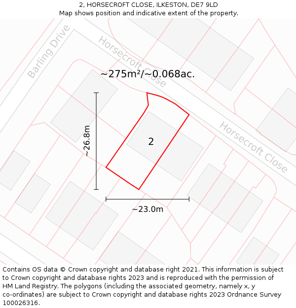 2, HORSECROFT CLOSE, ILKESTON, DE7 9LD: Plot and title map
