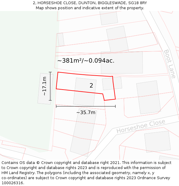 2, HORSESHOE CLOSE, DUNTON, BIGGLESWADE, SG18 8RY: Plot and title map