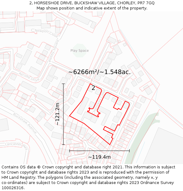 2, HORSESHOE DRIVE, BUCKSHAW VILLAGE, CHORLEY, PR7 7GQ: Plot and title map