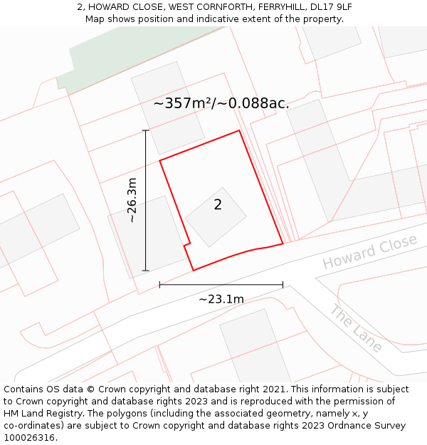 2, HOWARD CLOSE, WEST CORNFORTH, FERRYHILL, DL17 9LF: Plot and title map