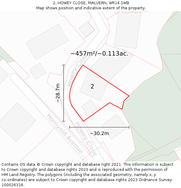 2, HOWEY CLOSE, MALVERN, WR14 1WB: Plot and title map