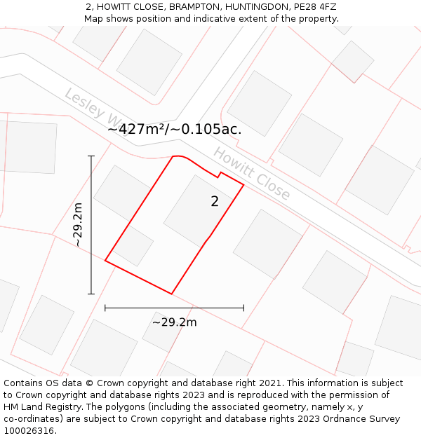 2, HOWITT CLOSE, BRAMPTON, HUNTINGDON, PE28 4FZ: Plot and title map