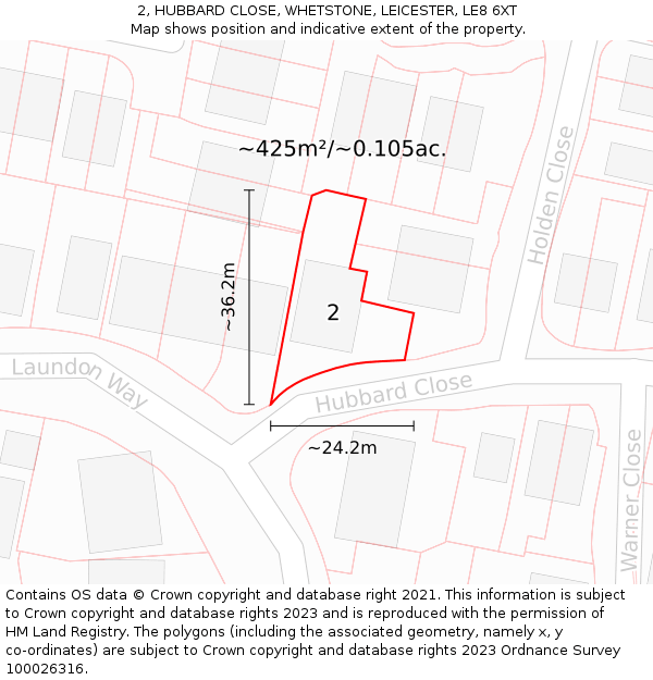 2, HUBBARD CLOSE, WHETSTONE, LEICESTER, LE8 6XT: Plot and title map