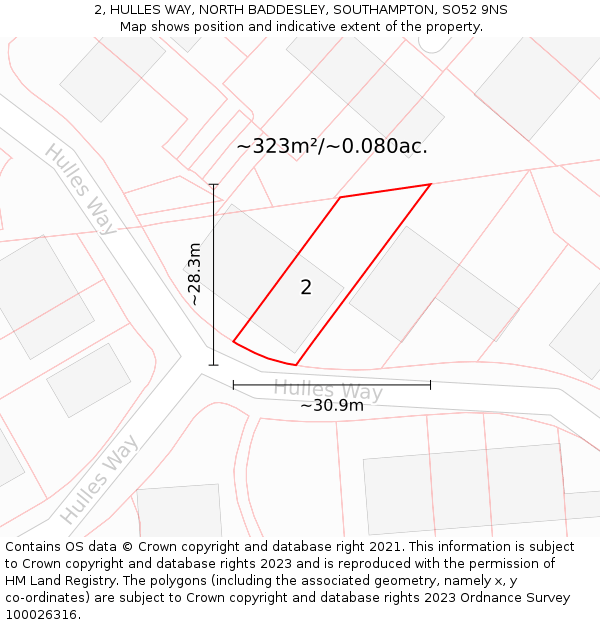 2, HULLES WAY, NORTH BADDESLEY, SOUTHAMPTON, SO52 9NS: Plot and title map