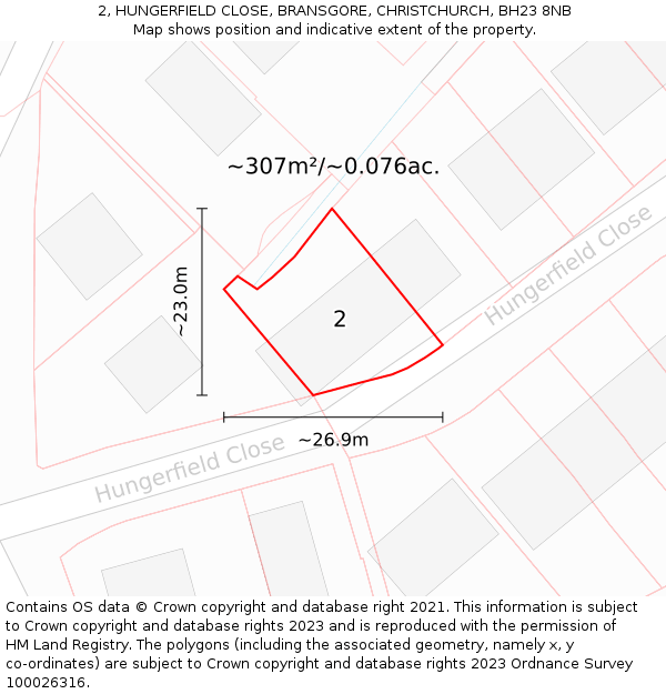 2, HUNGERFIELD CLOSE, BRANSGORE, CHRISTCHURCH, BH23 8NB: Plot and title map