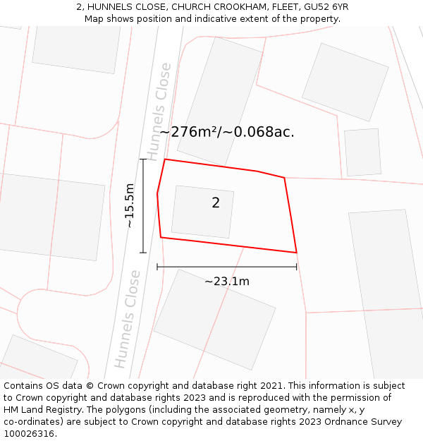 2, HUNNELS CLOSE, CHURCH CROOKHAM, FLEET, GU52 6YR: Plot and title map