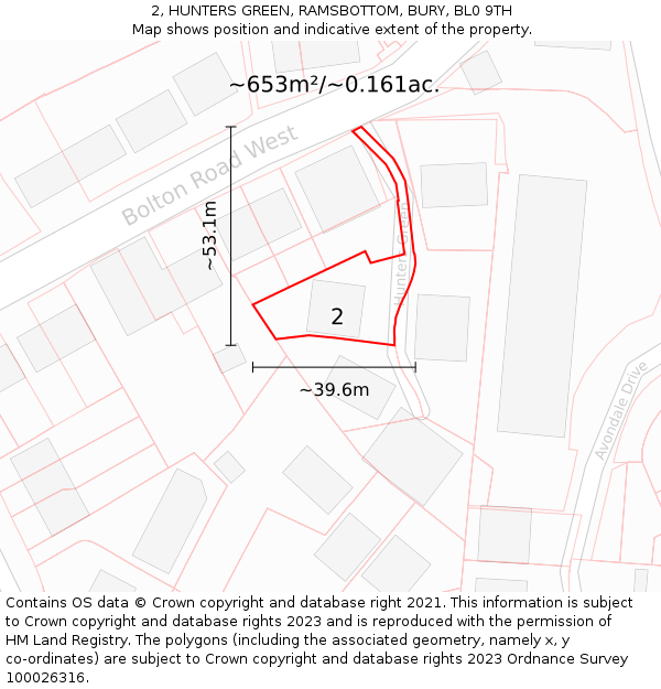 2, HUNTERS GREEN, RAMSBOTTOM, BURY, BL0 9TH: Plot and title map