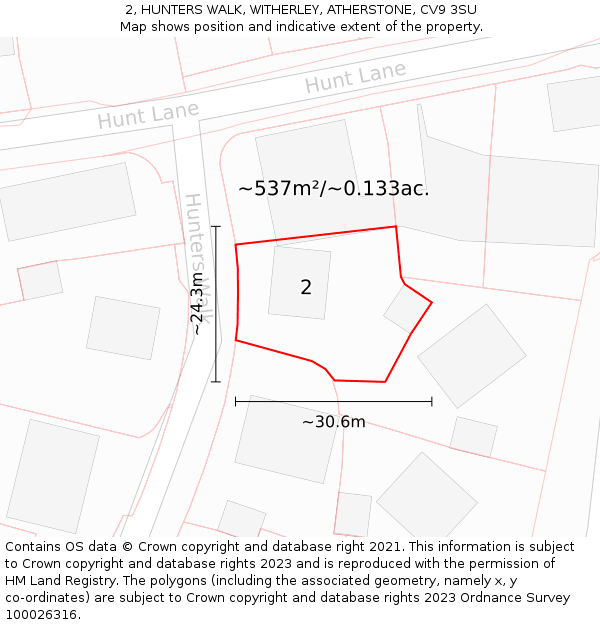 2, HUNTERS WALK, WITHERLEY, ATHERSTONE, CV9 3SU: Plot and title map