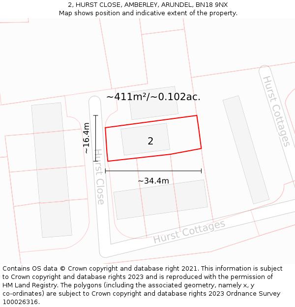 2, HURST CLOSE, AMBERLEY, ARUNDEL, BN18 9NX: Plot and title map