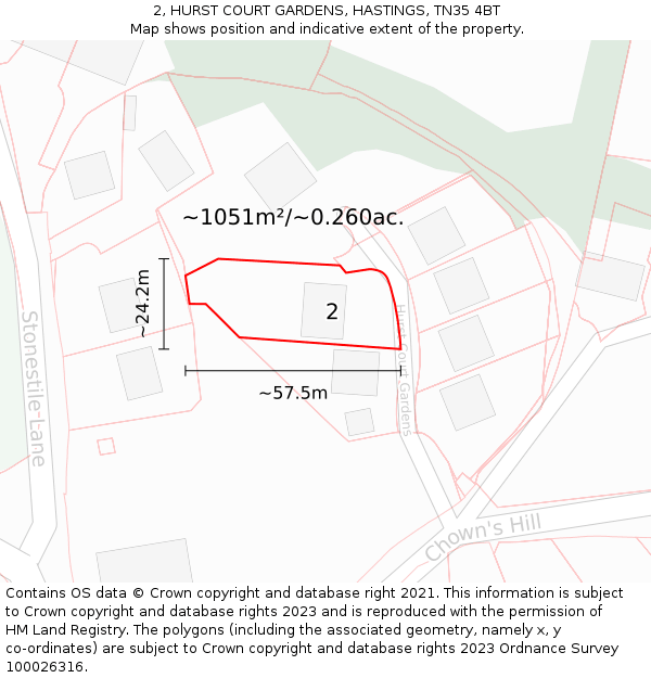 2, HURST COURT GARDENS, HASTINGS, TN35 4BT: Plot and title map