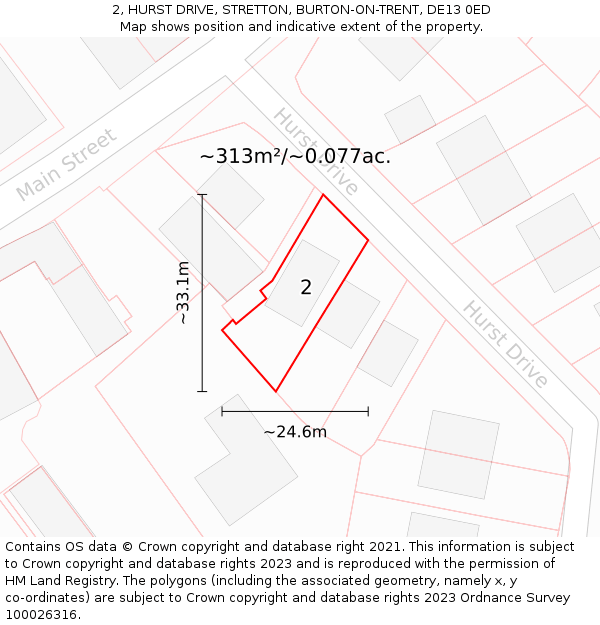 2, HURST DRIVE, STRETTON, BURTON-ON-TRENT, DE13 0ED: Plot and title map