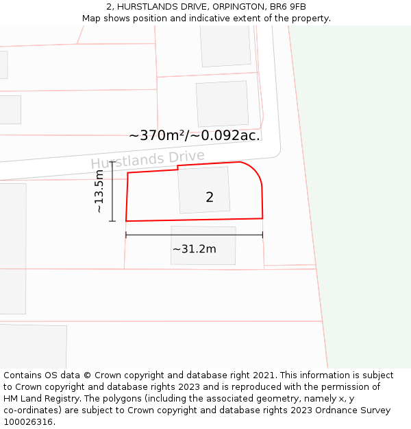 2, HURSTLANDS DRIVE, ORPINGTON, BR6 9FB: Plot and title map