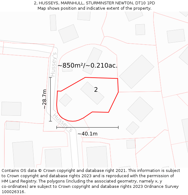 2, HUSSEYS, MARNHULL, STURMINSTER NEWTON, DT10 1PD: Plot and title map
