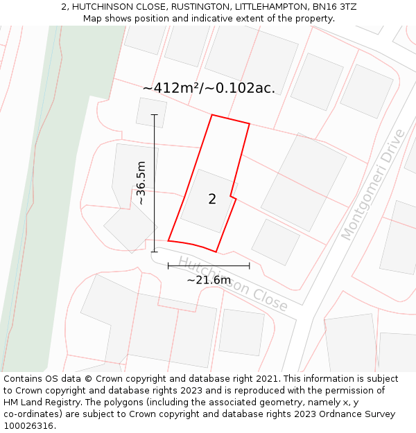 2, HUTCHINSON CLOSE, RUSTINGTON, LITTLEHAMPTON, BN16 3TZ: Plot and title map