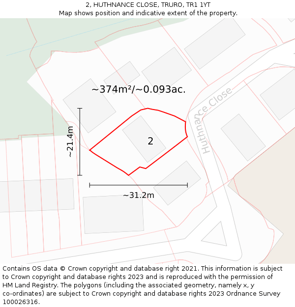2, HUTHNANCE CLOSE, TRURO, TR1 1YT: Plot and title map