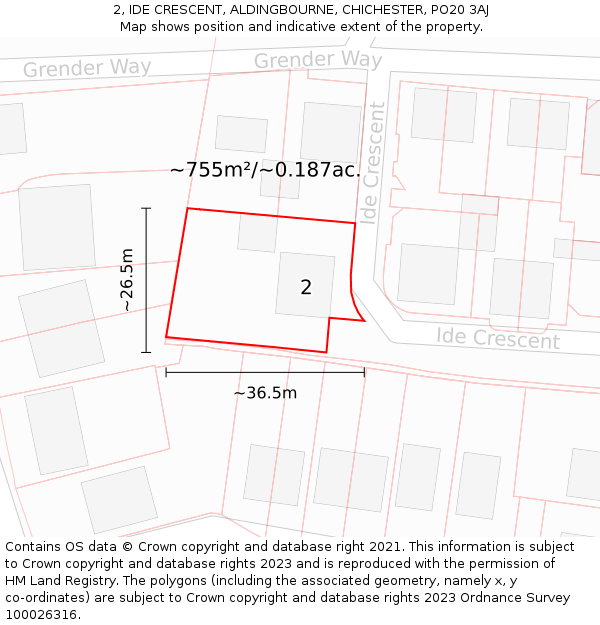 2, IDE CRESCENT, ALDINGBOURNE, CHICHESTER, PO20 3AJ: Plot and title map