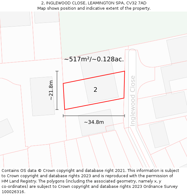 2, INGLEWOOD CLOSE, LEAMINGTON SPA, CV32 7AD: Plot and title map