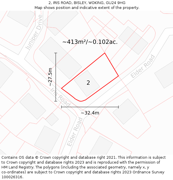 2, IRIS ROAD, BISLEY, WOKING, GU24 9HG: Plot and title map