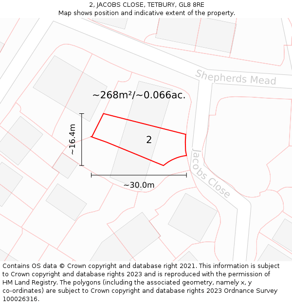 2, JACOBS CLOSE, TETBURY, GL8 8RE: Plot and title map