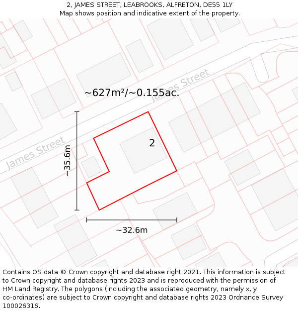 2, JAMES STREET, LEABROOKS, ALFRETON, DE55 1LY: Plot and title map