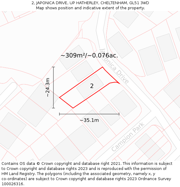 2, JAPONICA DRIVE, UP HATHERLEY, CHELTENHAM, GL51 3WD: Plot and title map