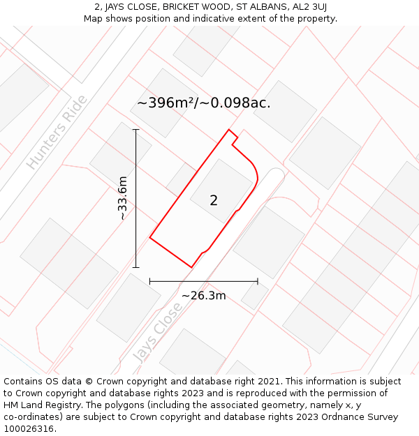 2, JAYS CLOSE, BRICKET WOOD, ST ALBANS, AL2 3UJ: Plot and title map