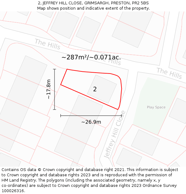 2, JEFFREY HILL CLOSE, GRIMSARGH, PRESTON, PR2 5BS: Plot and title map