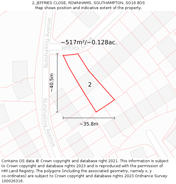 2, JEFFRIES CLOSE, ROWNHAMS, SOUTHAMPTON, SO16 8DS: Plot and title map