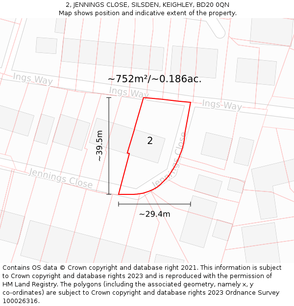 2, JENNINGS CLOSE, SILSDEN, KEIGHLEY, BD20 0QN: Plot and title map