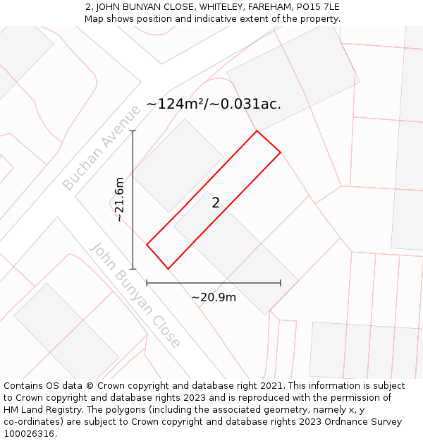 2, JOHN BUNYAN CLOSE, WHITELEY, FAREHAM, PO15 7LE: Plot and title map