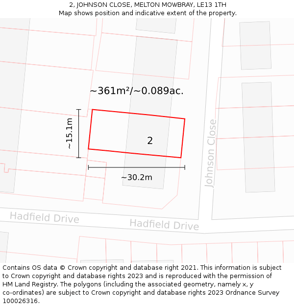 2, JOHNSON CLOSE, MELTON MOWBRAY, LE13 1TH: Plot and title map