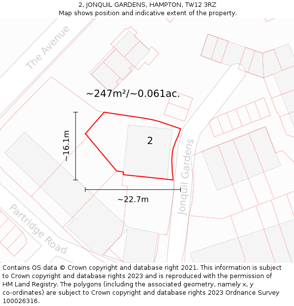 2, JONQUIL GARDENS, HAMPTON, TW12 3RZ: Plot and title map