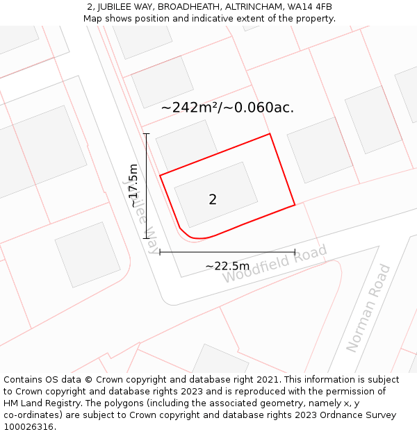 2, JUBILEE WAY, BROADHEATH, ALTRINCHAM, WA14 4FB: Plot and title map
