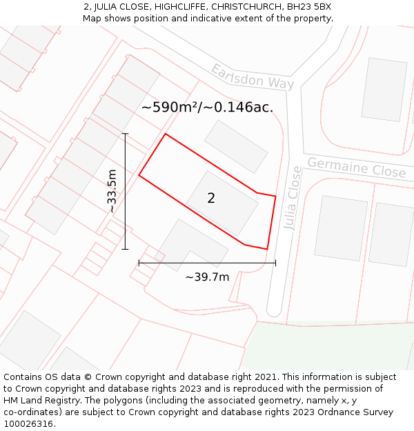 2, JULIA CLOSE, HIGHCLIFFE, CHRISTCHURCH, BH23 5BX: Plot and title map