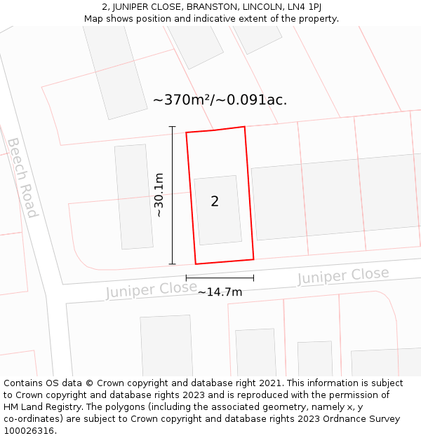 2, JUNIPER CLOSE, BRANSTON, LINCOLN, LN4 1PJ: Plot and title map